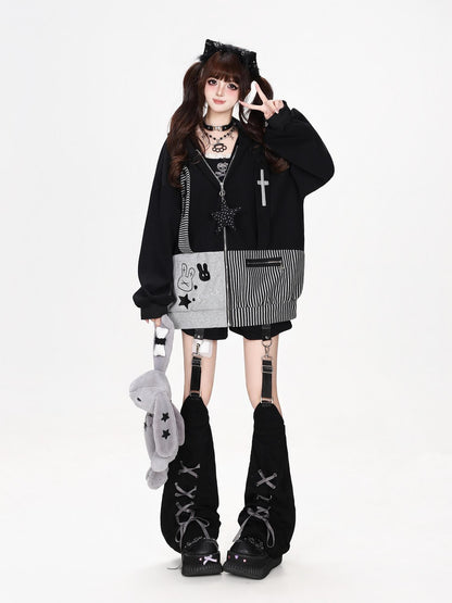CRAZYGIRL Striped Patchwork Hooded Loose Fit Women&