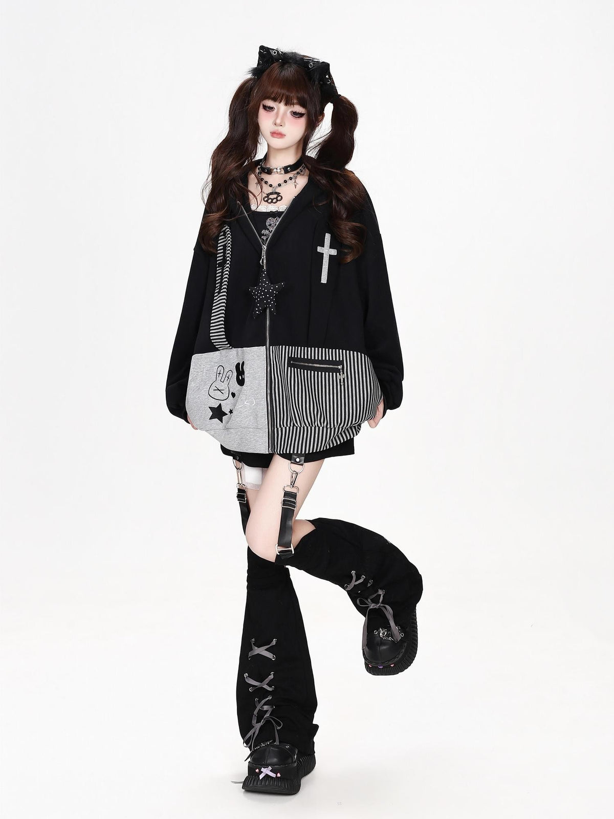 CRAZYGIRL Striped Patchwork Hooded Loose Fit Women&