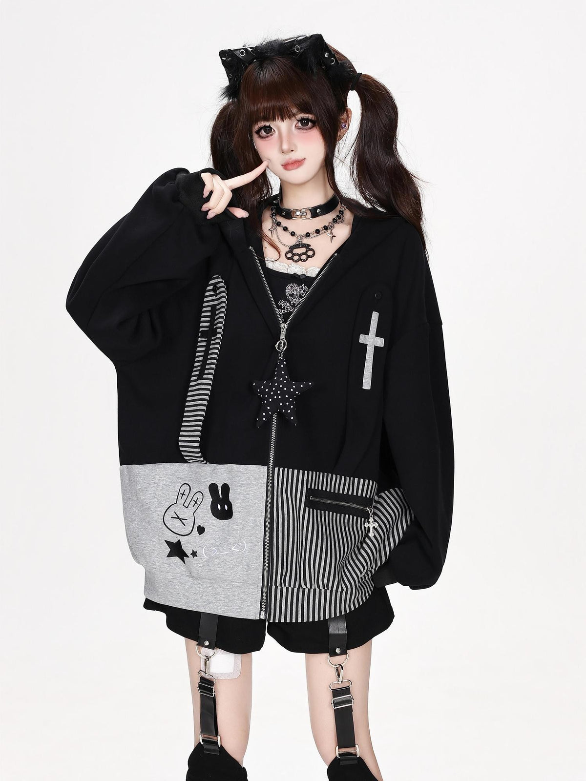 CRAZYGIRL Striped Patchwork Hooded Loose Fit Women&