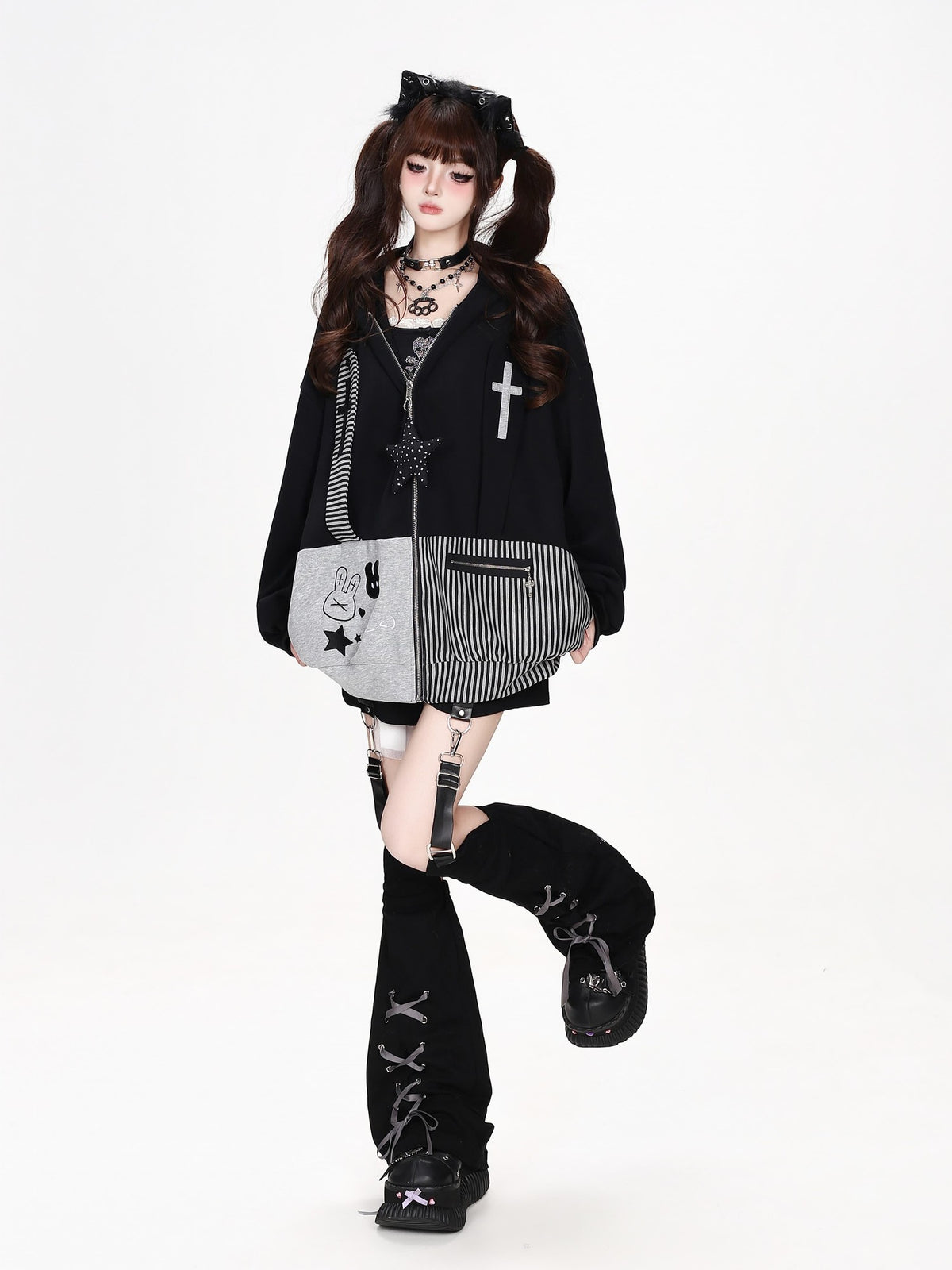 CRAZYGIRL Striped Patchwork Hooded Loose Fit Women&