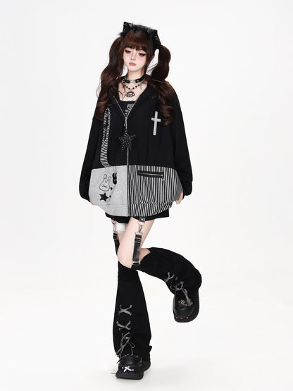 CRAZYGIRL Striped Patchwork Hooded Loose Fit Women&