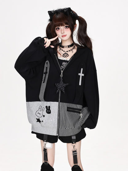 CRAZYGIRL Striped Patchwork Hooded Loose Fit Women&