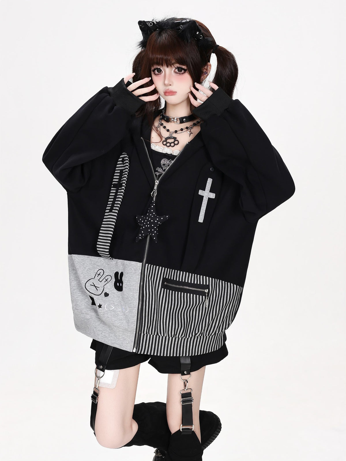 CRAZYGIRL Striped Patchwork Hooded Loose Fit Women&
