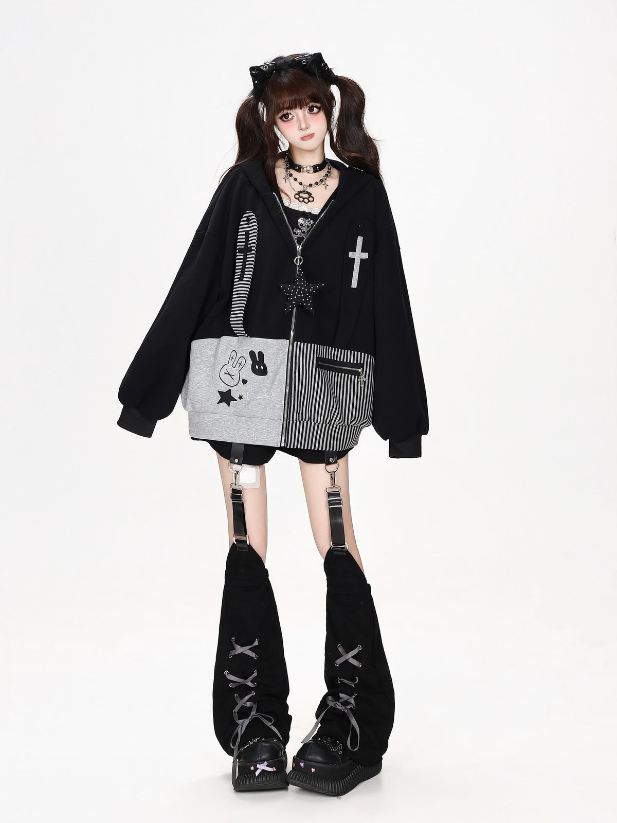 CRAZYGIRL Striped Patchwork Hooded Loose Fit Women&