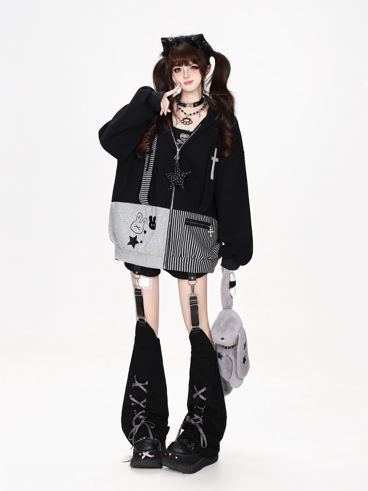 CRAZYGIRL Striped Patchwork Hooded Loose Fit Women&