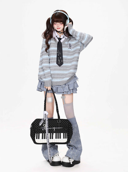 CRAZYGIRL_Striped_V-neck_Fake_Two_Piece_Loose_Pullover_Women&