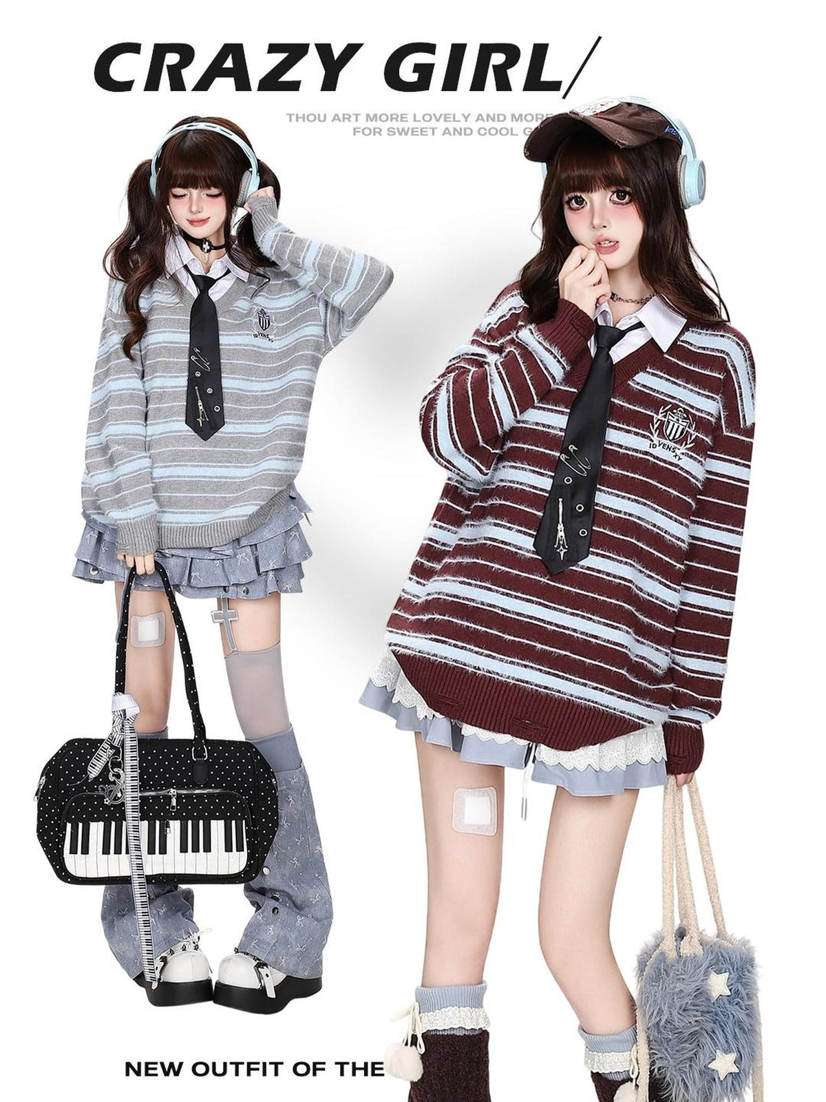 CRAZYGIRL Striped V-neck Fake Two Piece Loose Pullover Women&