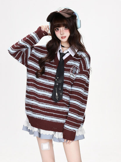 CRAZYGIRL Striped V-neck Fake Two Piece Loose Pullover Women&