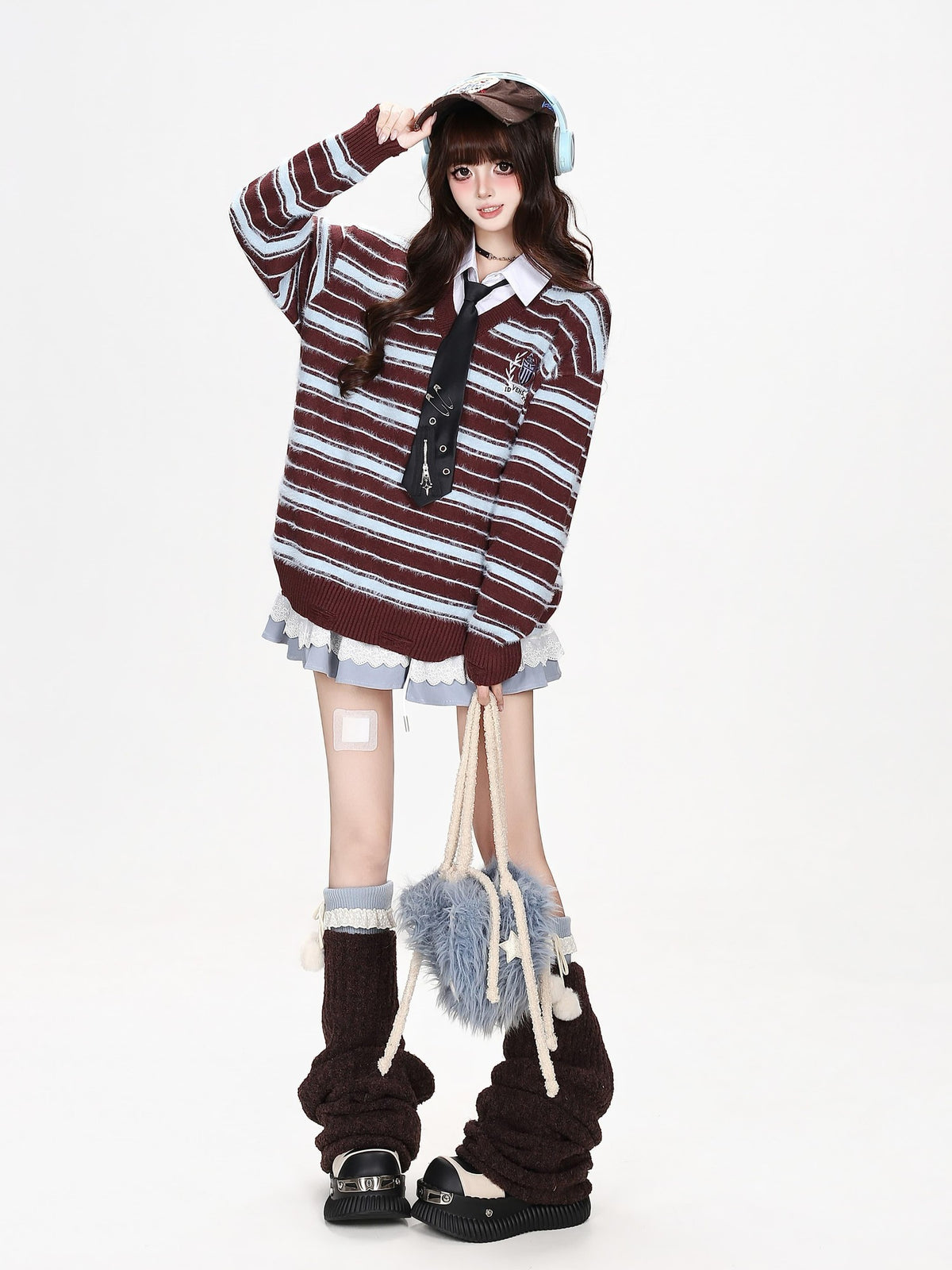 CRAZYGIRL Striped V-neck Fake Two Piece Loose Pullover Women&