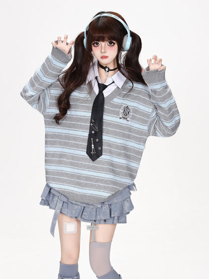 CRAZYGIRL Striped V-neck Fake Two Piece Loose Pullover Women&