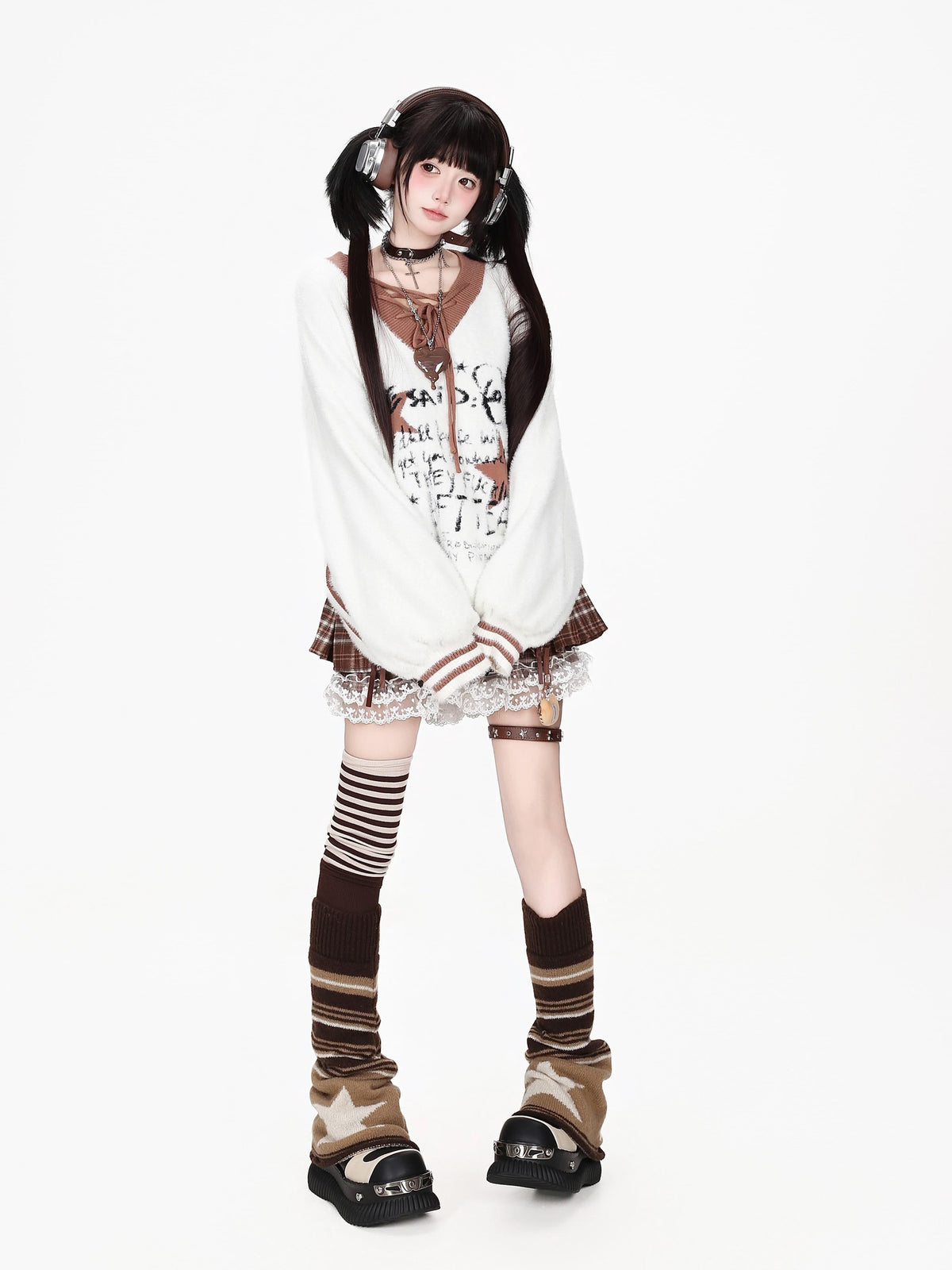 CRAZYGIRL V-neck Star Letter Lace Up Lantern Sleeve Jacquard Women&