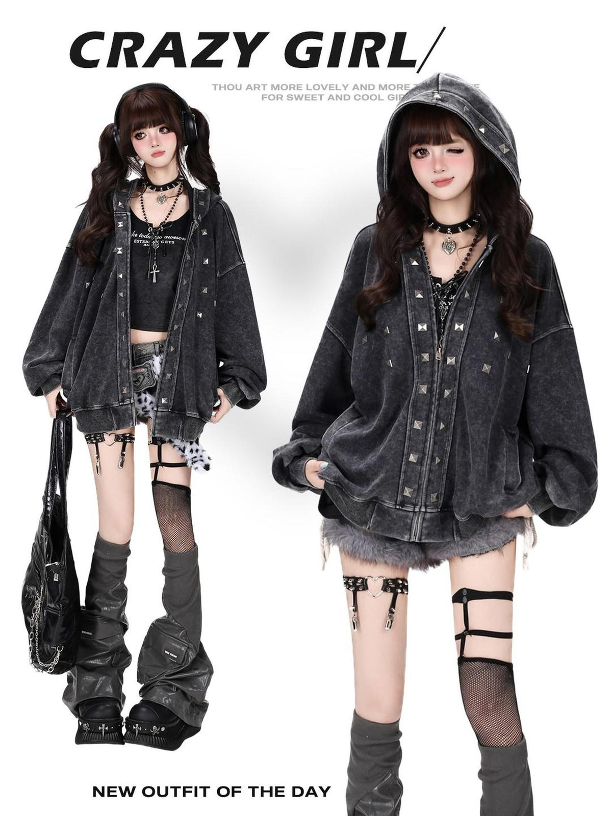 CRAZYGIRL Vintage Distressed Metal Striped Loose Hooded Women&