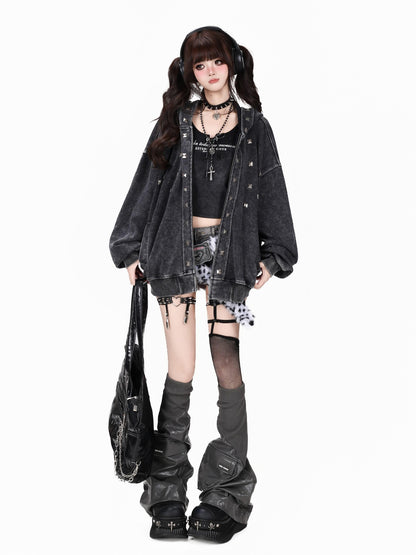 CRAZYGIRL Vintage Distressed Metal Striped Loose Hooded Women&