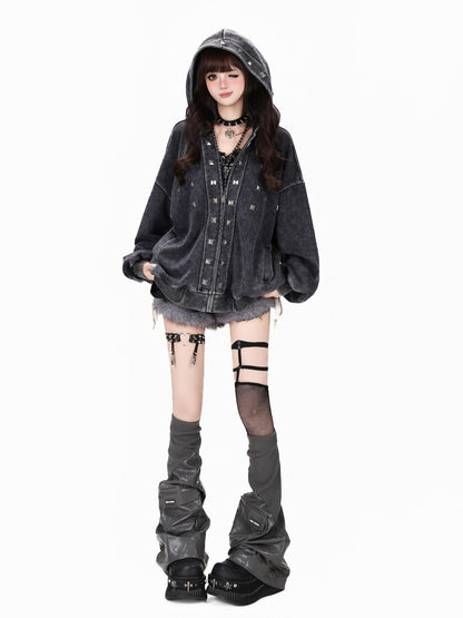 CRAZYGIRL Vintage Distressed Metal Striped Loose Hooded Women&