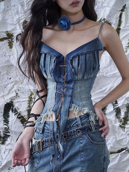California Babe Sexy Strappy Denim Top