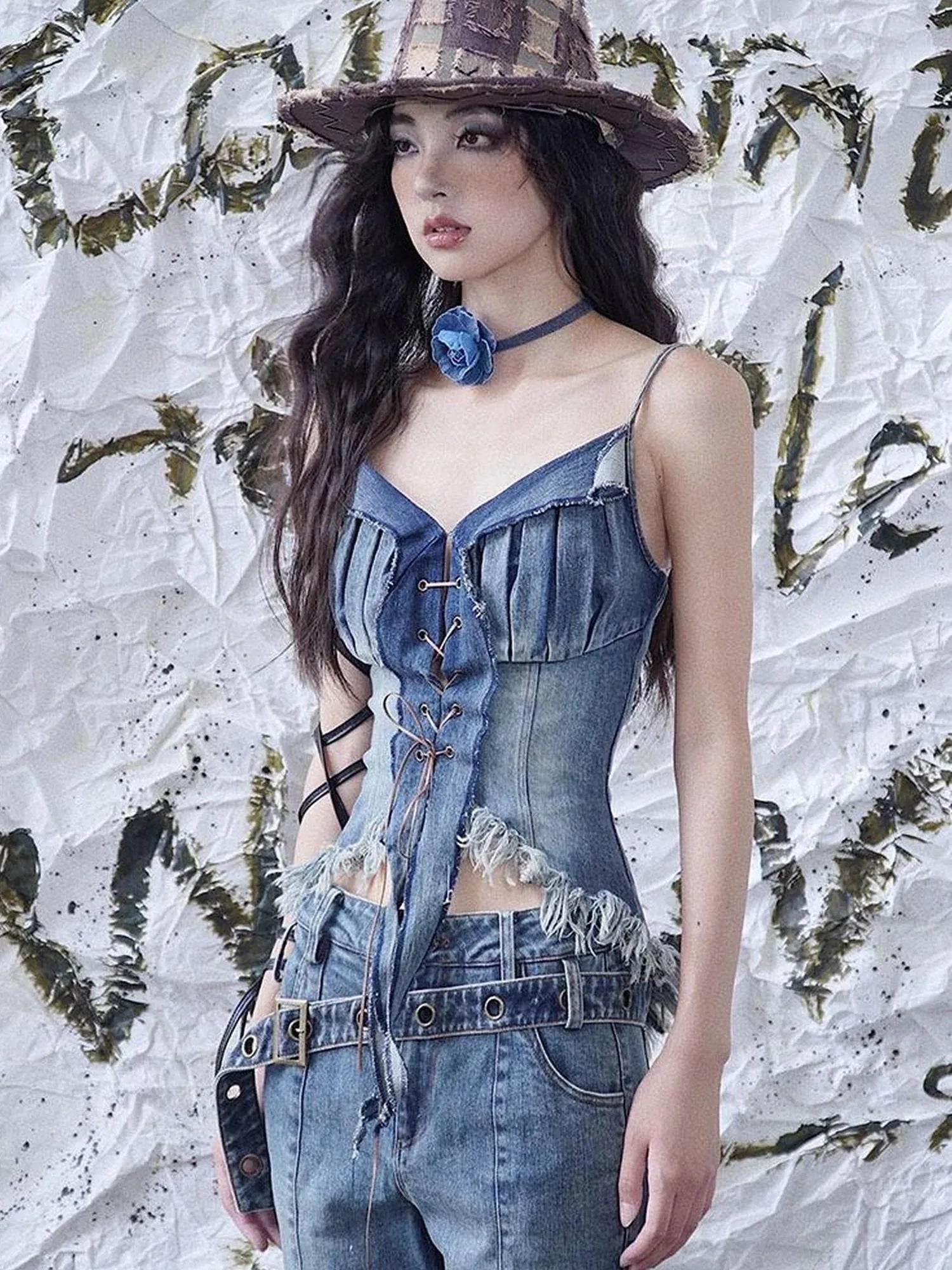 California Babe Sexy Strappy Denim Top