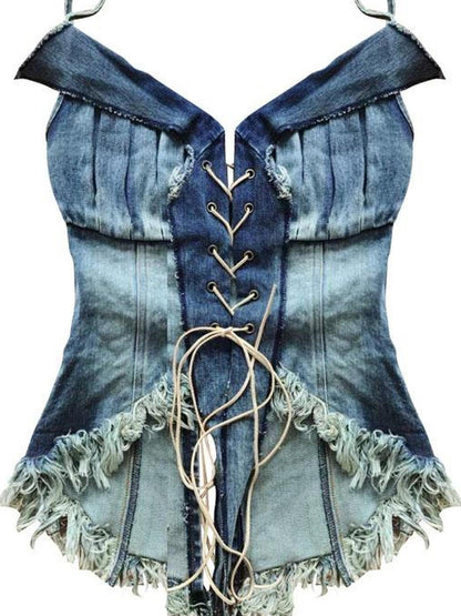 WSW WUSHENWU California Babe Sexy Strappy Denim Top