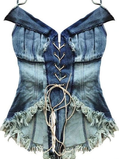 California Babe Sexy Strappy Denim Top