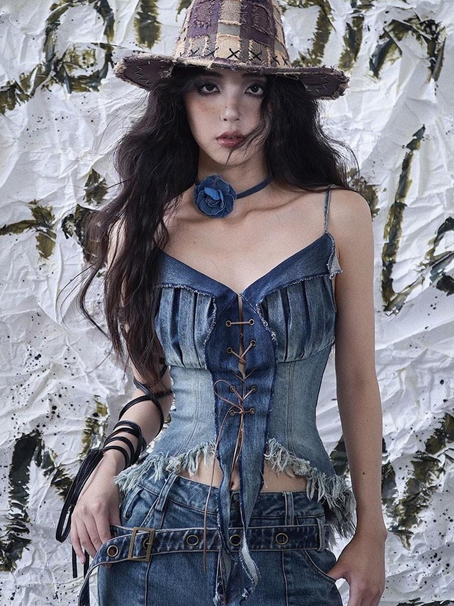 WSW WUSHENWU California Babe Sexy Strappy Denim Top