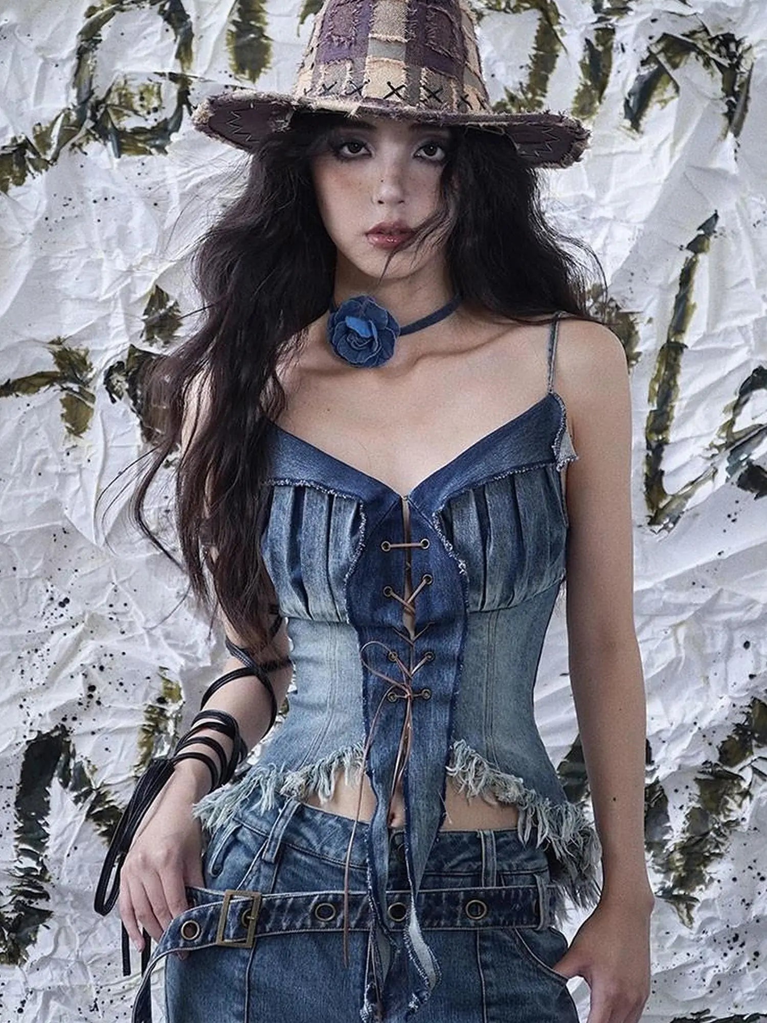 California Babe Sexy Strappy Denim Top
