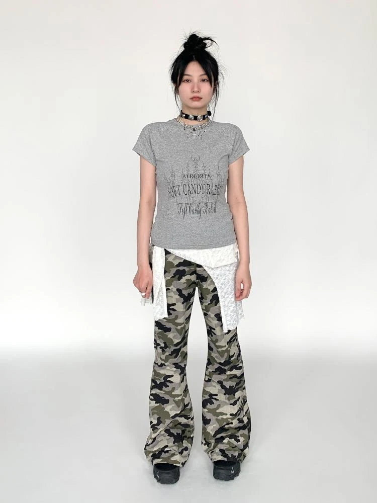 Camouflage Cargo Flared Wide Leg Retro Pants Women