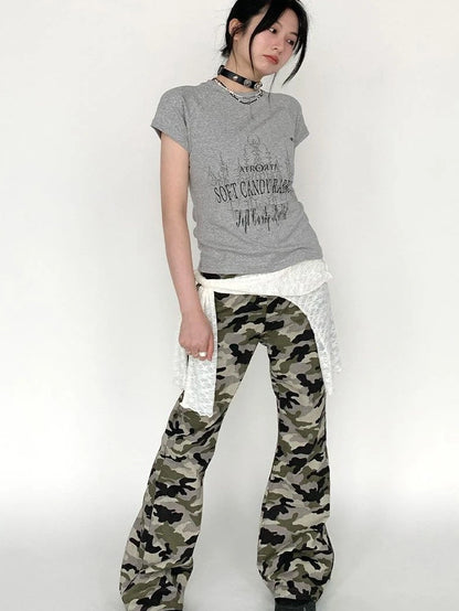 Camouflage Cargo Flared Wide Leg Retro Pants Women