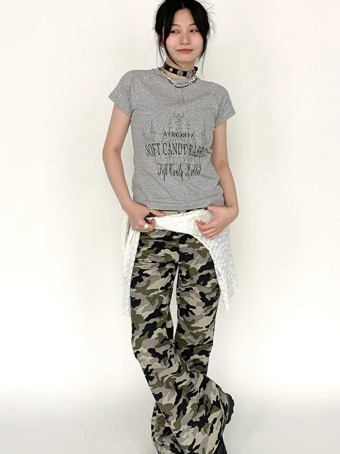 Camouflage Cargo Flared Wide Leg Retro Pants Women