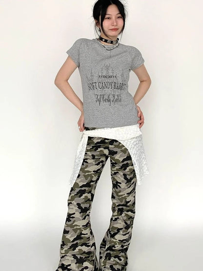 Camouflage Cargo Flared Wide Leg Retro Pants Women