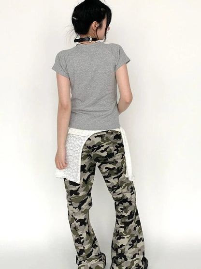 Camouflage Cargo Flared Wide Leg Retro Pants Women