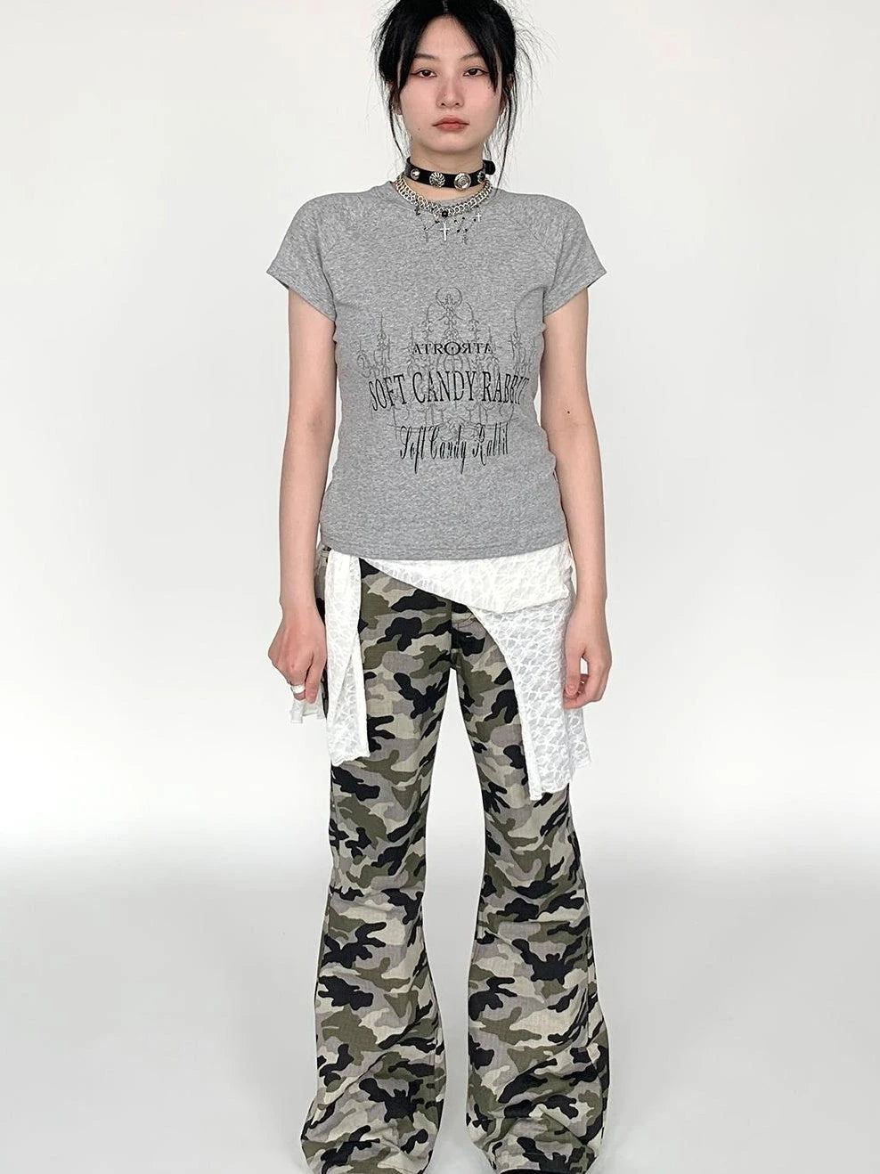 Camouflage Cargo Flared Wide Leg Retro Pants Women