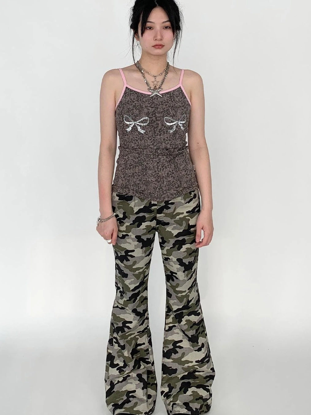 Camouflage Cargo Flared Wide Leg Retro Pants Women