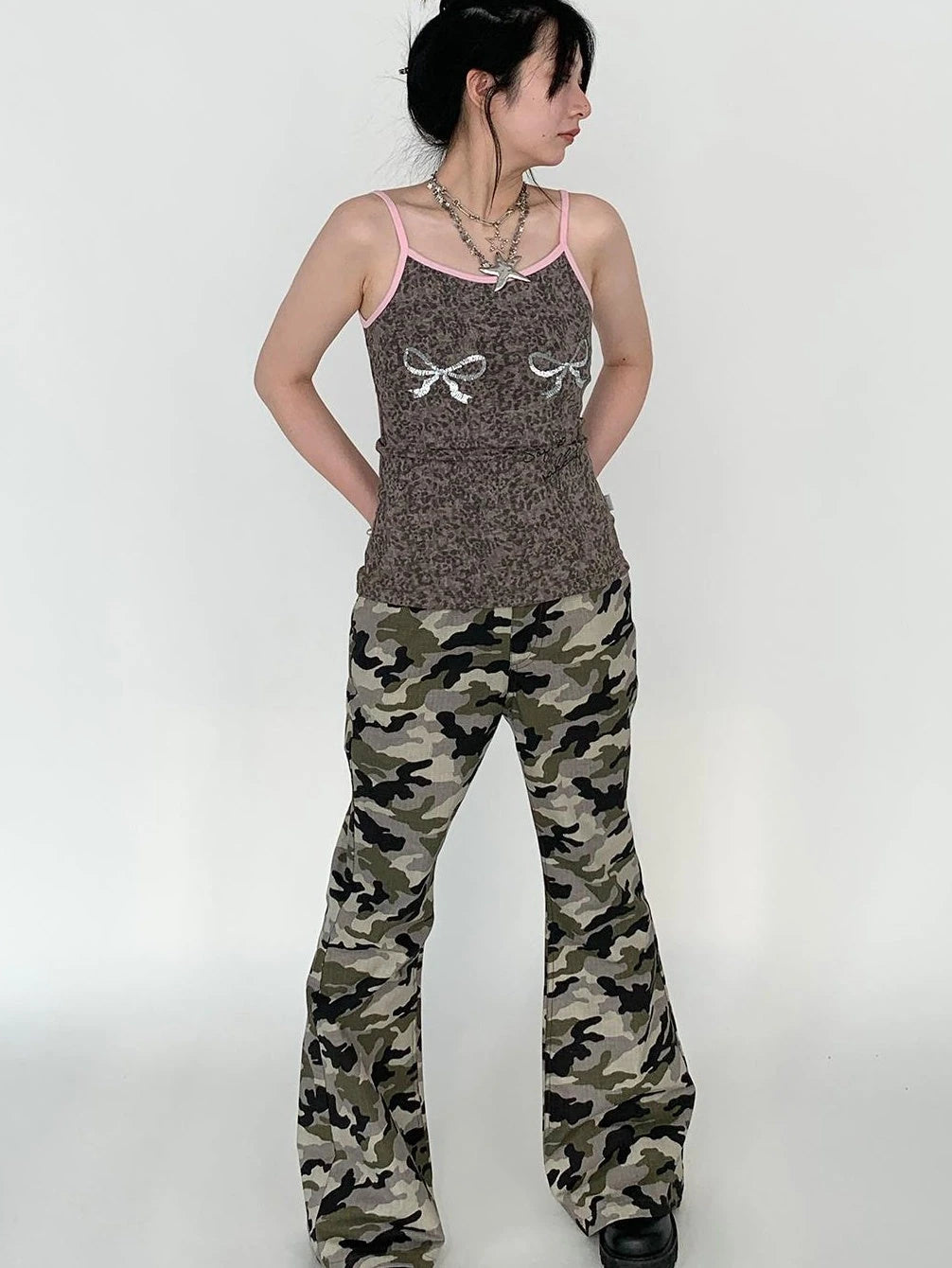 Camouflage Cargo Flared Wide Leg Retro Pants Women