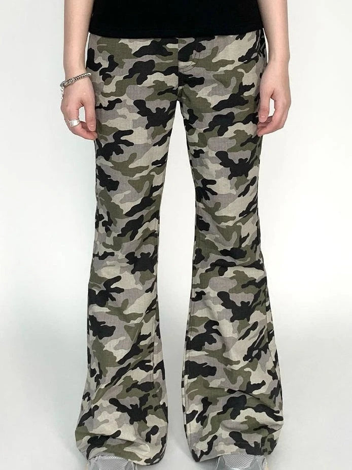 Camouflage Cargo Flared Wide Leg Retro Pants Women