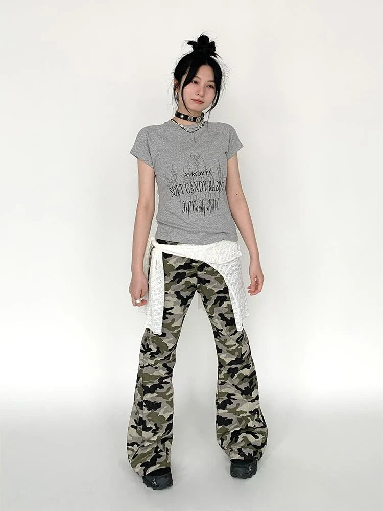 Camouflage Cargo Flared Wide Leg Retro Pants Women