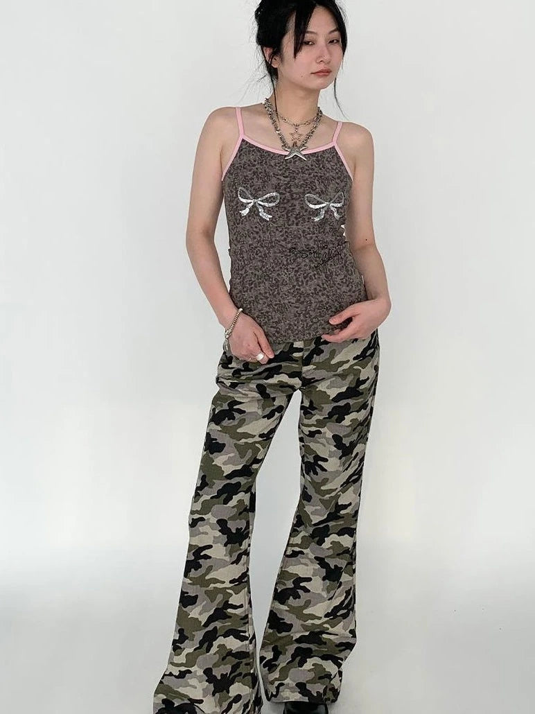 Camouflage Cargo Flared Wide Leg Retro Pants Women