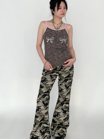 Camouflage Cargo Flared Wide Leg Retro Pants Women