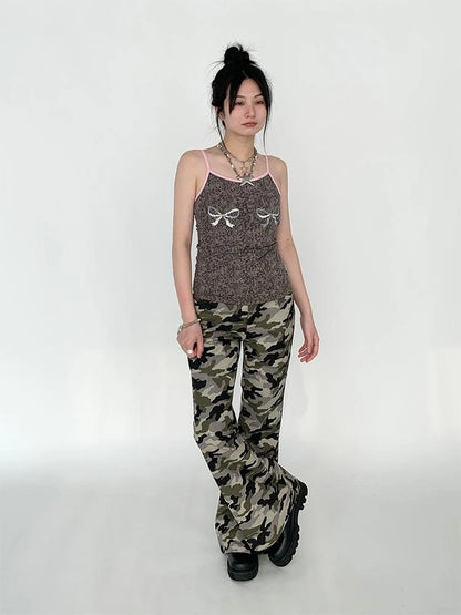 Camouflage Cargo Flared Wide Leg Retro Pants Women