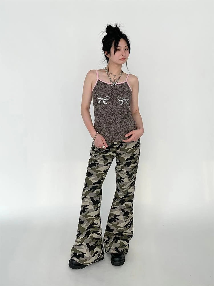 Camouflage Cargo Flared Wide Leg Retro Pants Women