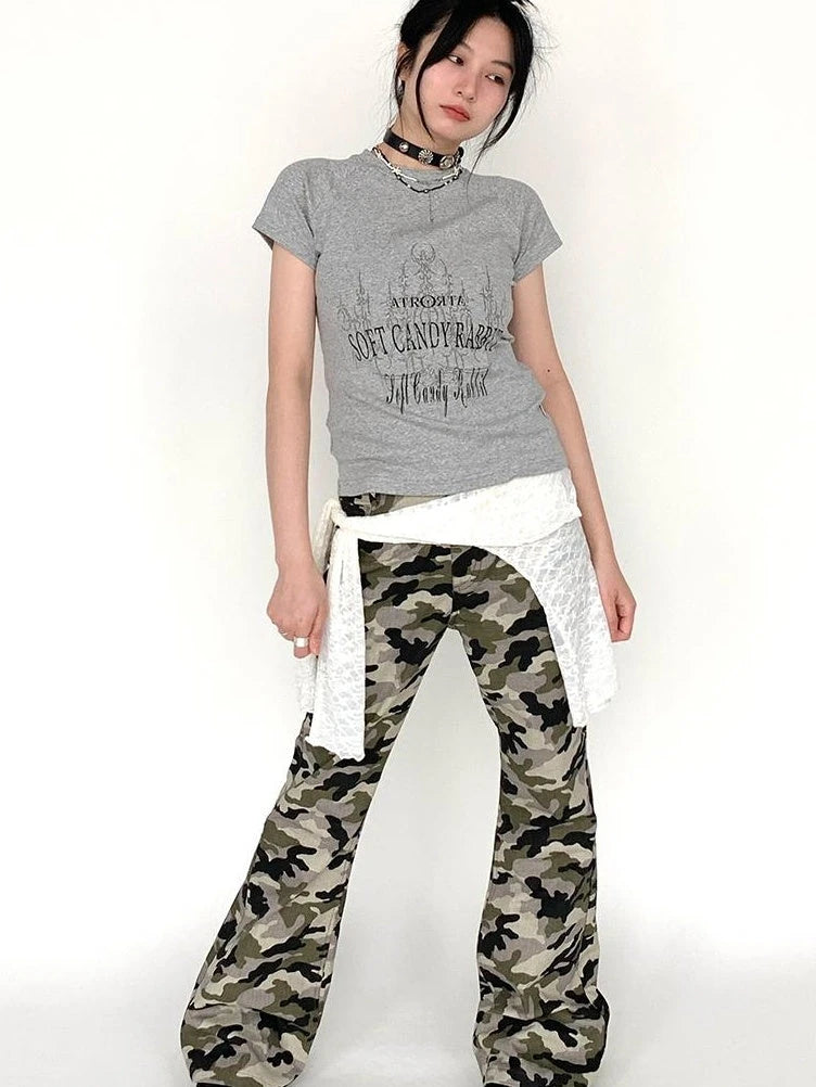 Camouflage Cargo Flared Wide Leg Retro Pants Women