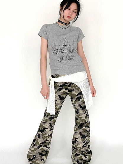Camouflage Cargo Flared Wide Leg Retro Pants Women