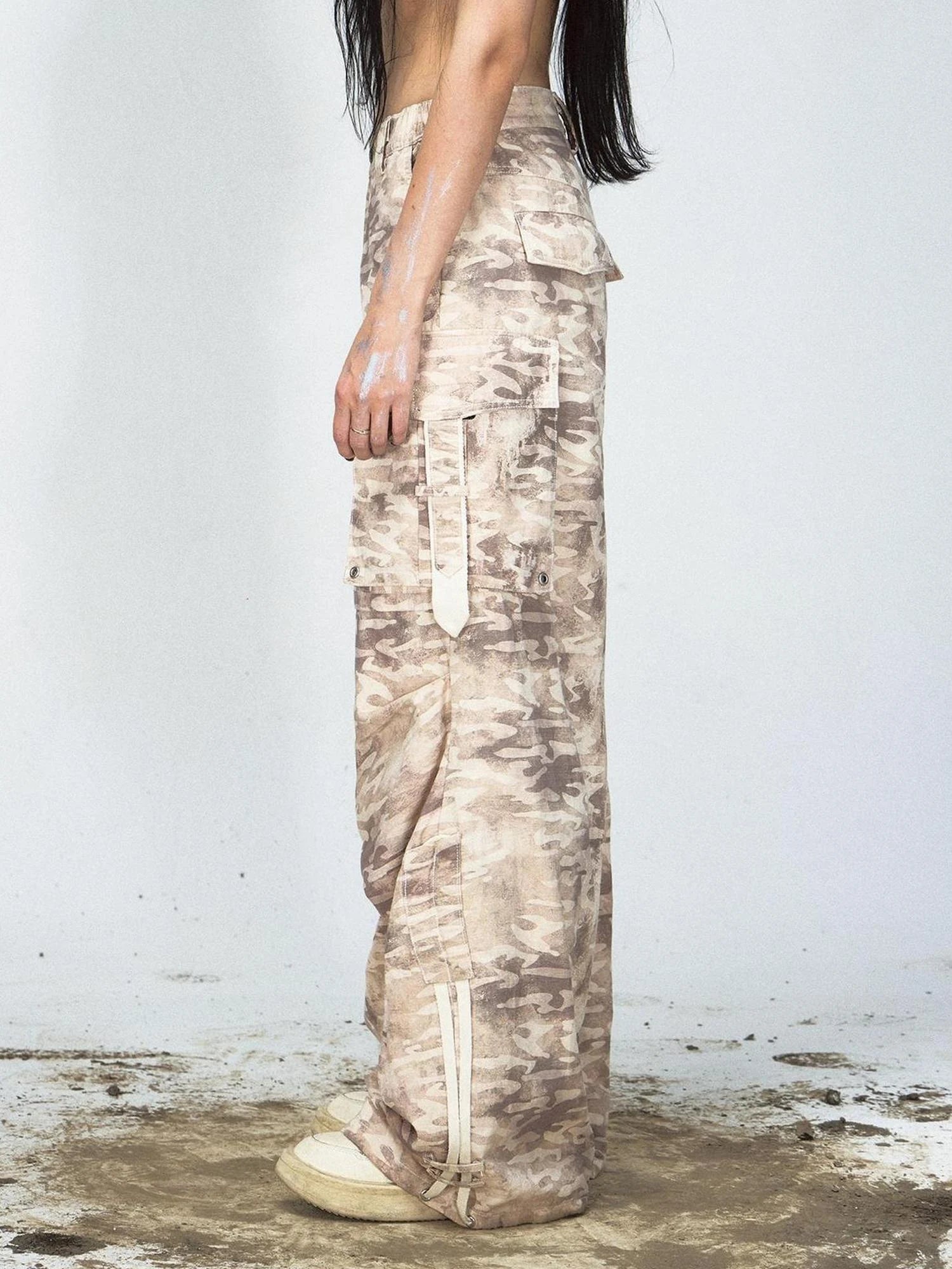 Camouflage Cotton Cargo Pants Loose Fit Drawstring Waist
