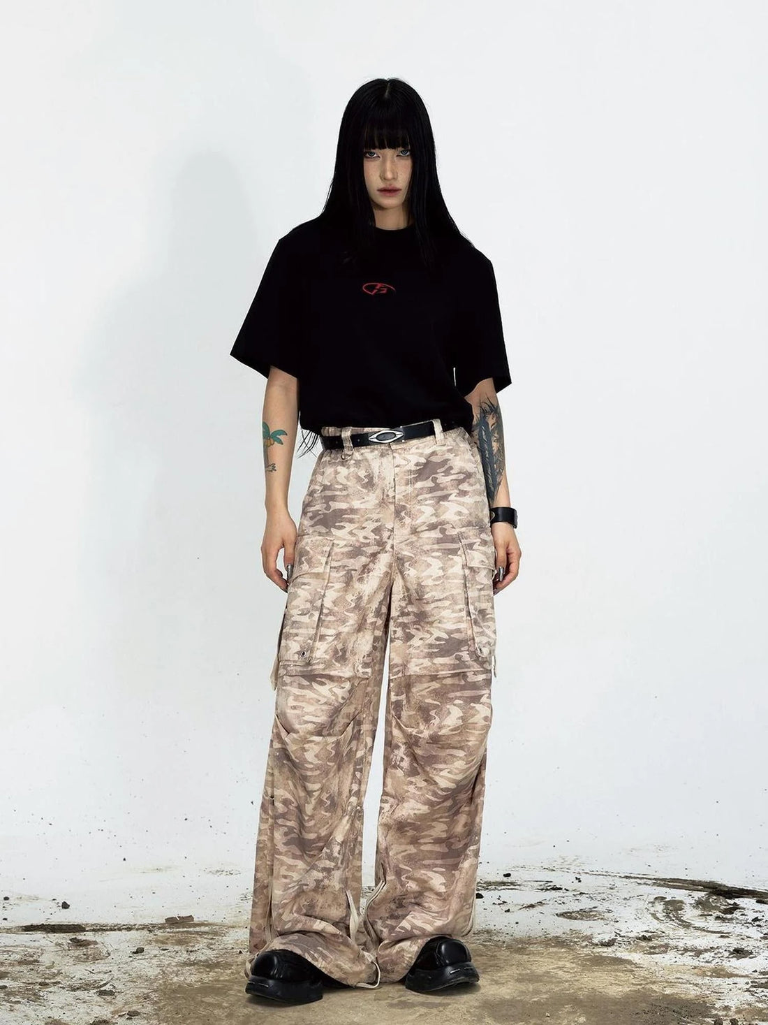 Camouflage Cotton Cargo Pants Loose Fit Drawstring Waist