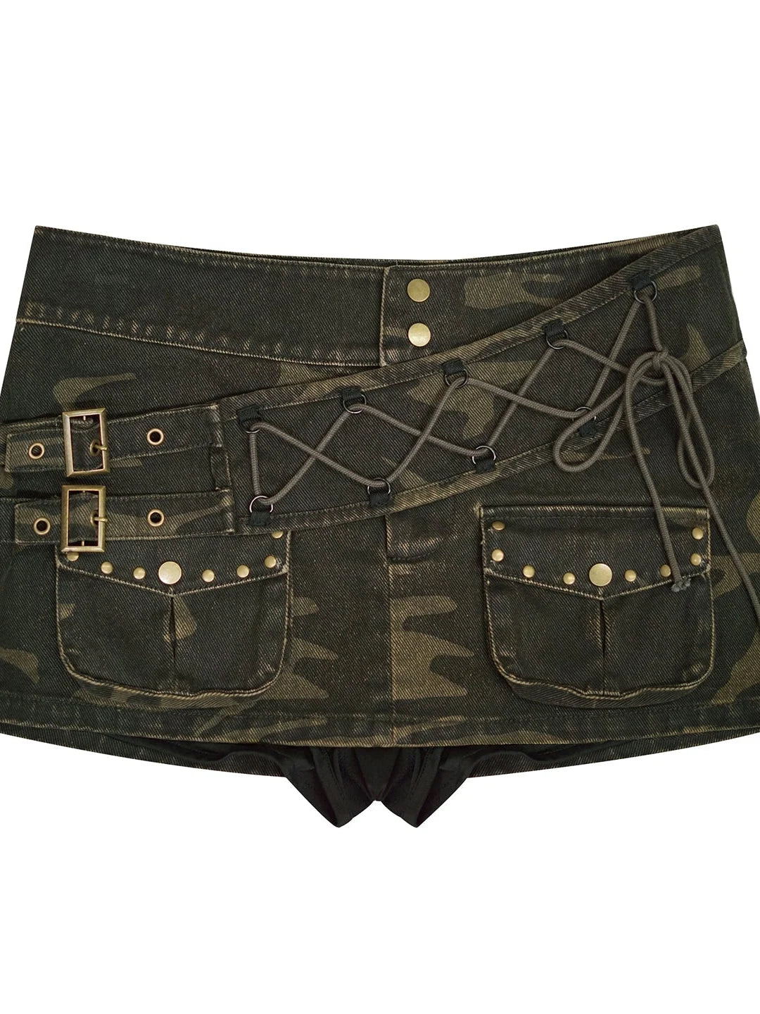 Sea Witch Poetry Belted Studded Camo Low Waist Mini Skirt