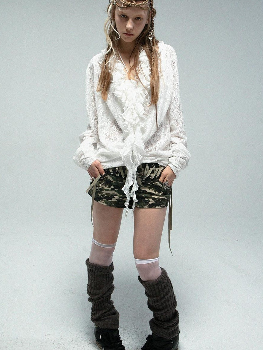 Camouflage Low-Rise Hot Shorts with Metal Buckle  Tie