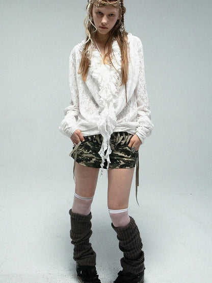 Camouflage Low-Rise Hot Shorts With Metal Buckle &amp; Tie