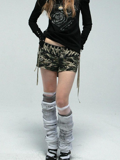 Camouflage Low-Rise Hot Shorts with Metal Buckle  Tie