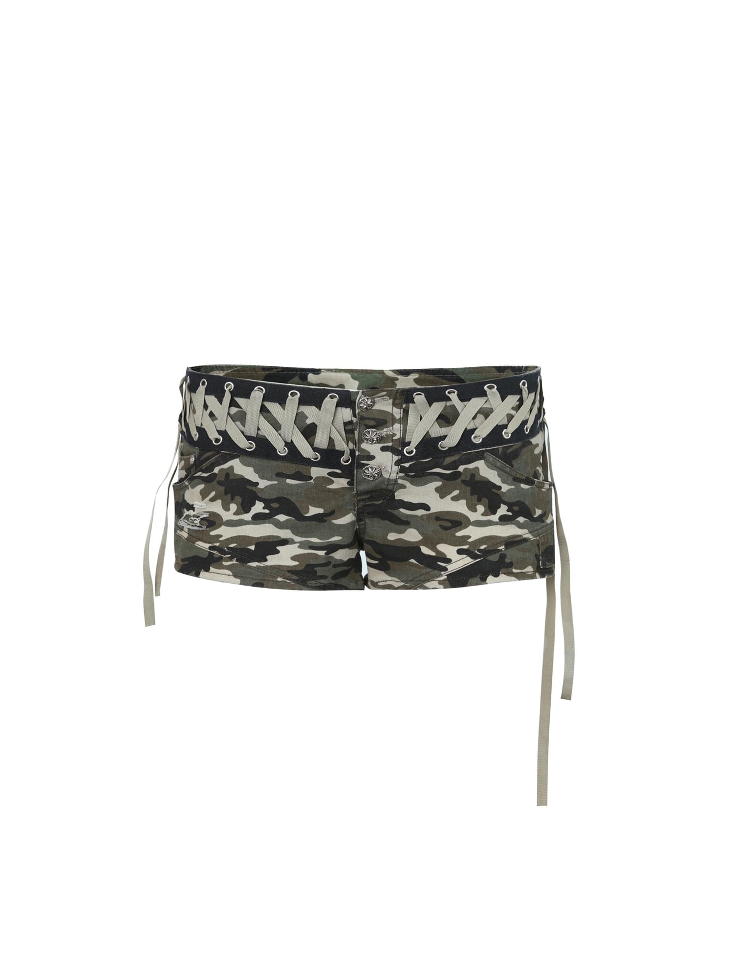 Camouflage Low-Rise Hot Shorts with Metal Buckle  Tie