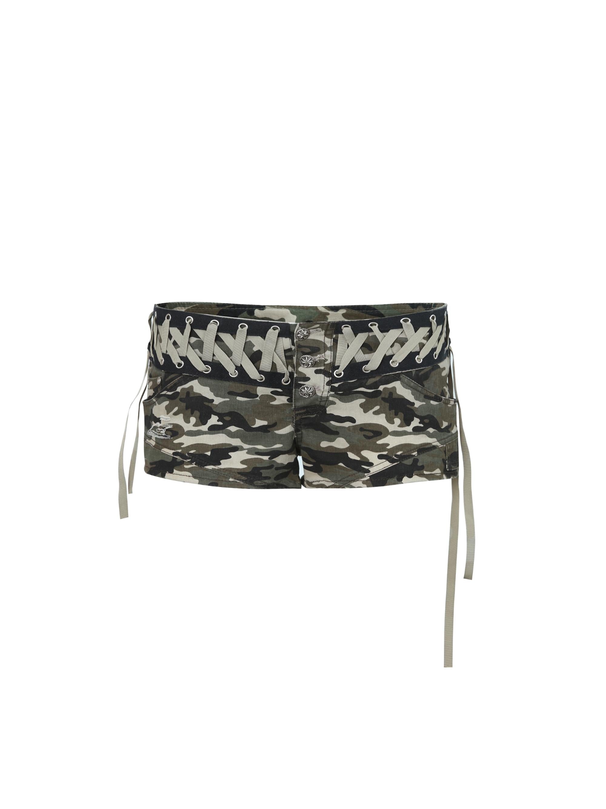 Camouflage Low-Rise Hot Shorts with Metal Buckle  Tie