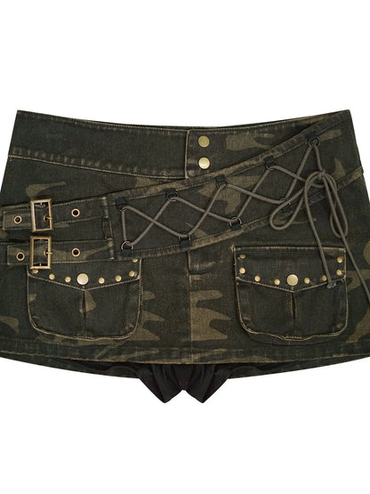 Sea Witch Poetry Belted Studded Camo Low Waist Mini Skirt