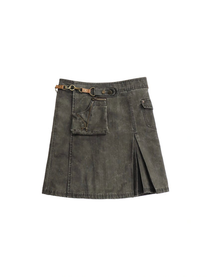 Asymmetrical Leather Panel Midi Skirt with Dual Tone Washable Pu